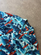 Load image into Gallery viewer, 1970s Hawaii shirt Hookano lucky coins tiki blue. Made in Hawaii
