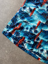 Load image into Gallery viewer, 1970s Hawaii shirt Hookano lucky coins tiki blue. Made in Hawaii
