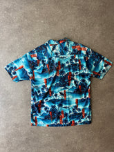 Load image into Gallery viewer, 1970s Hawaii shirt Hookano lucky coins tiki blue. Made in Hawaii
