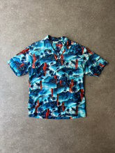 Load image into Gallery viewer, 1970s Hawaii shirt Hookano lucky coins tiki blue. Made in Hawaii

