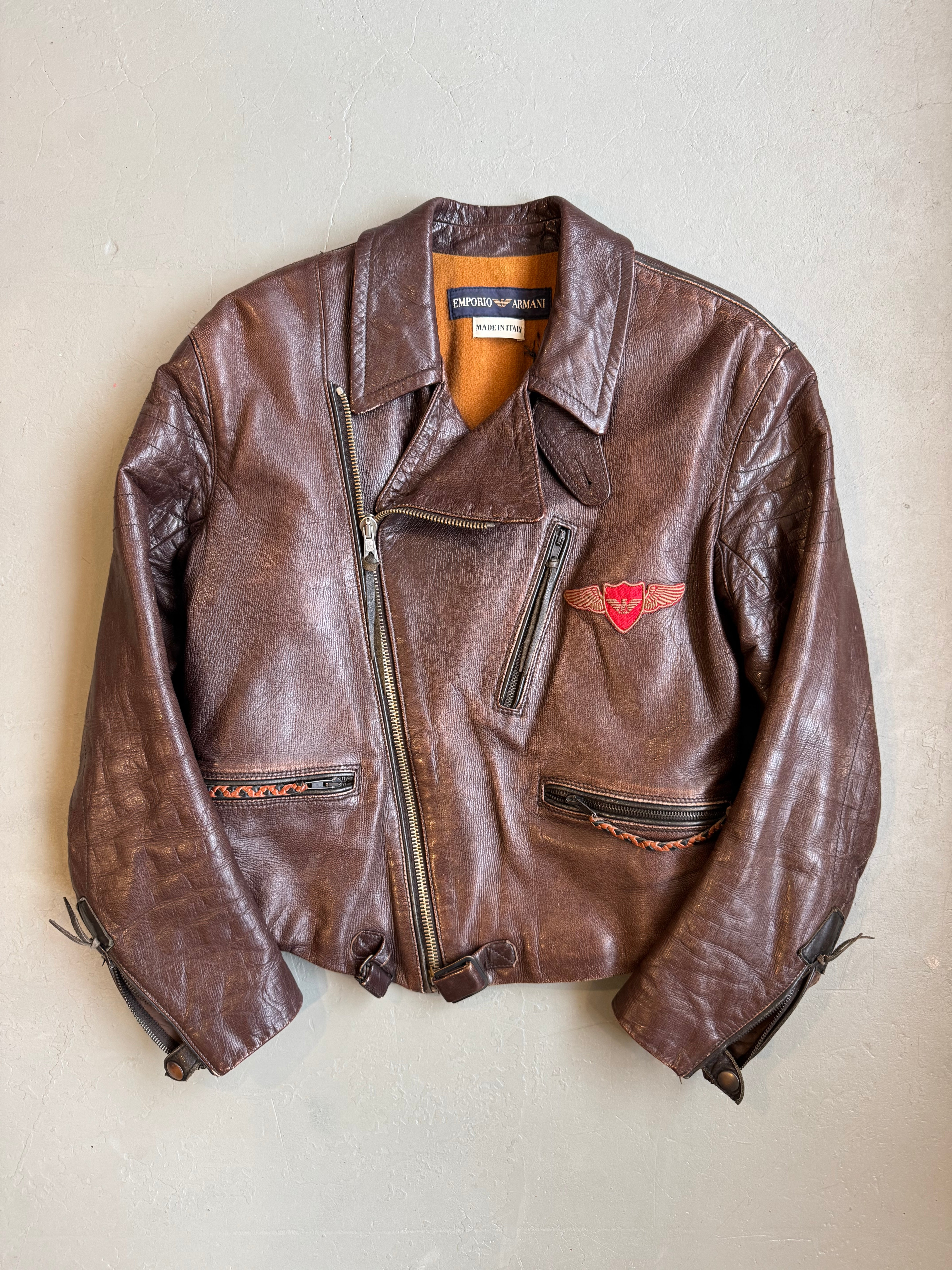 希少 80s emporio armani leather jacket VTG 80s..EMPORIO ARMANI..LEATHER..CROPPED..BLACK..MOTORCYCLE