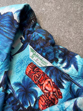 Load image into Gallery viewer, 1970s Hawaii shirt Hookano lucky coins tiki blue. Made in Hawaii
