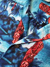 Load image into Gallery viewer, 1970s Hawaii shirt Hookano lucky coins tiki blue. Made in Hawaii

